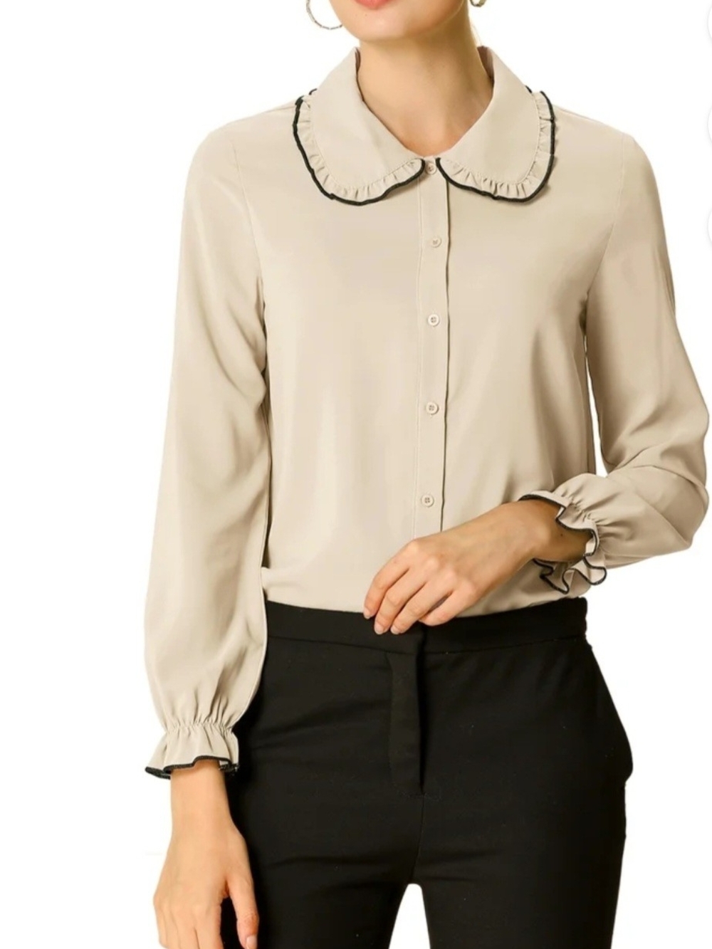 Women's Cream Peter Pan Ruffle Collar Button-Front Blouse Nwt Medium Allegra K
